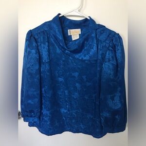 NWOT vintage 1980’s T R Bentley royal blue asymmetrical collar dressy blouse S